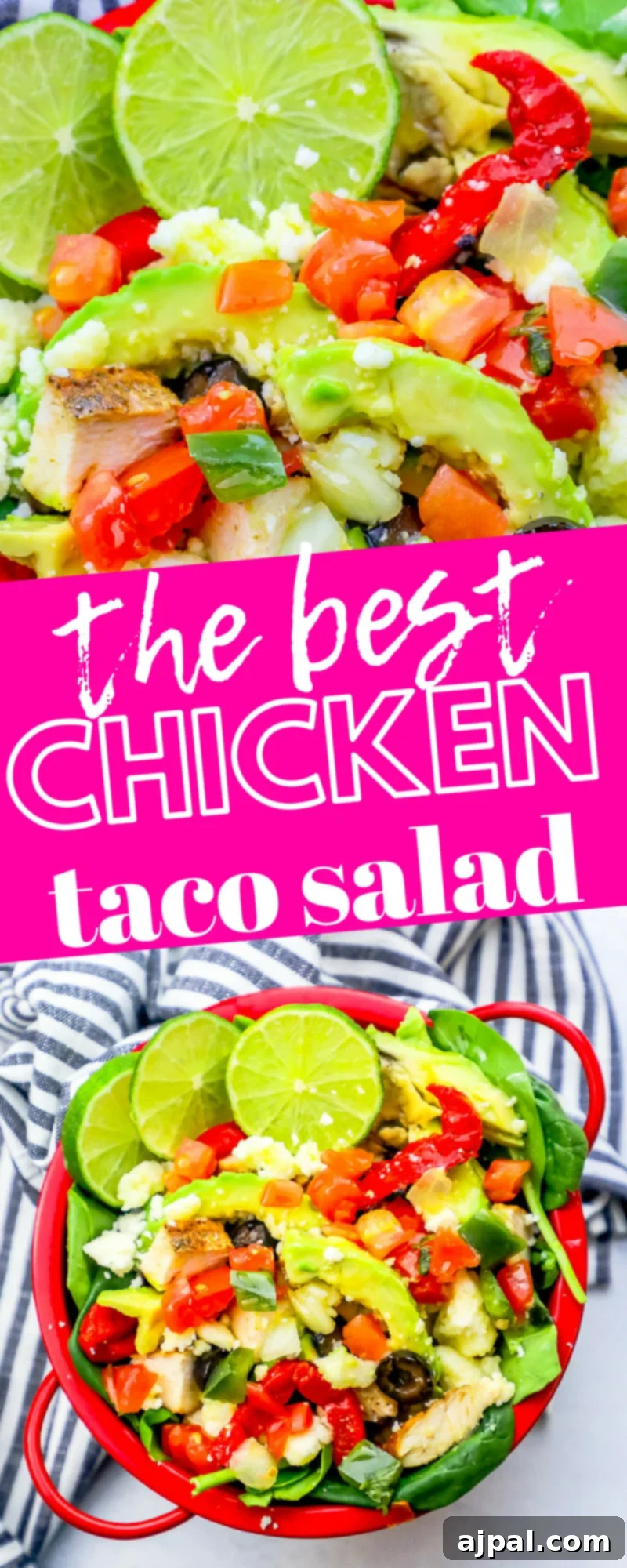 Quick and Delicious Chicken Taco Salad 8 The ultimate chicken fajita salad, presented in a red bowl with vibrant ingredients.