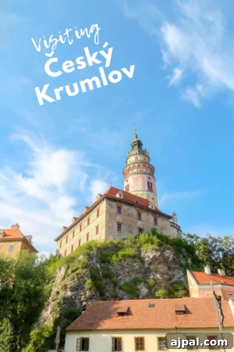 Overhead view of Cesky Krumlov, showcasing its picturesque medieval architecture, red roofs, and the Vltava River winding through the town, with the castle dominating the skyline.