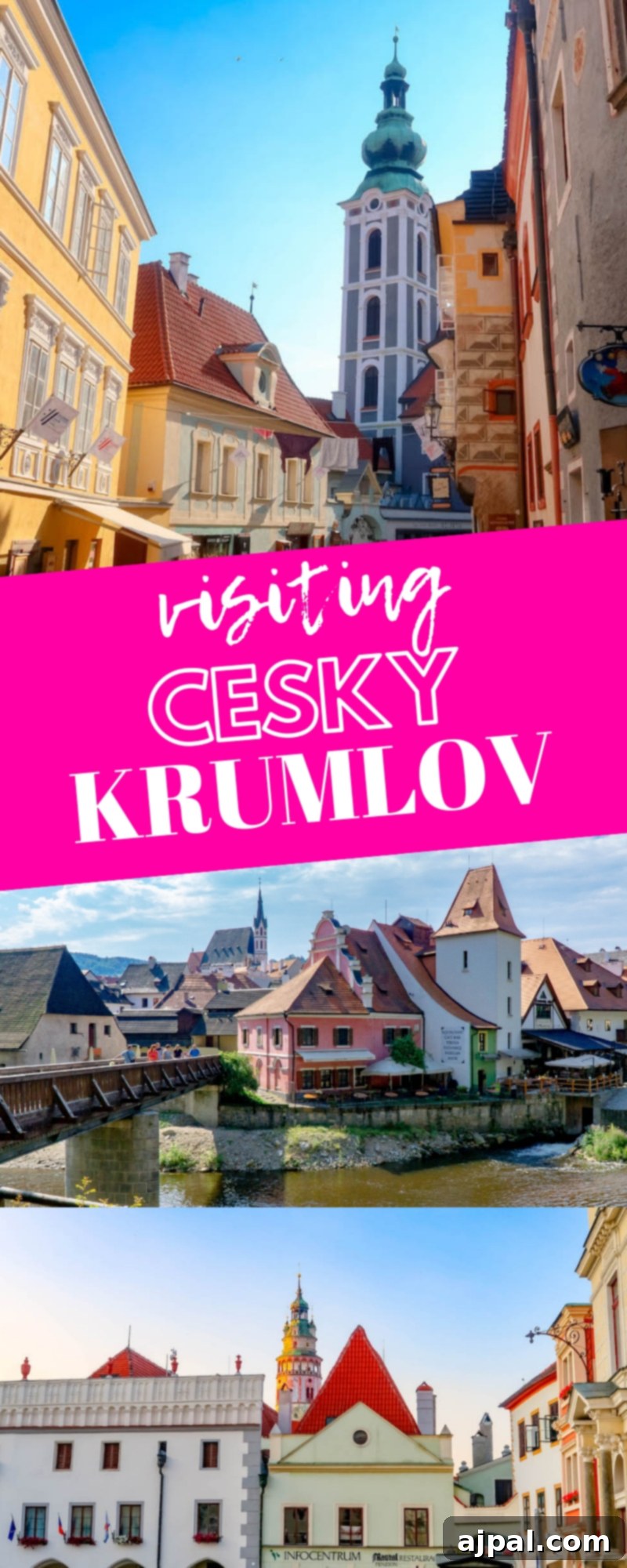 A collage of scenic images highlighting attractions and experiences in Cesky Krumlov, Czechia, with text 'Visiting Cesky Krumlov – the guide to a great visit!'