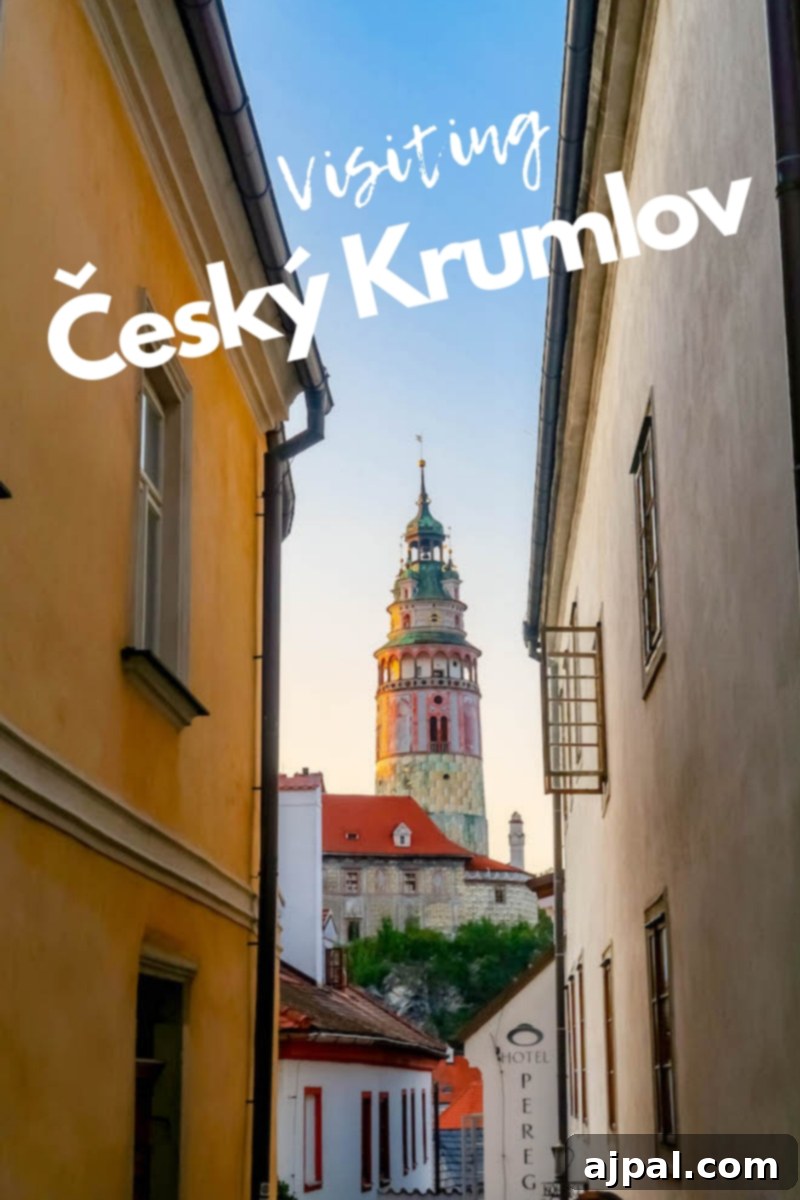A stunning panoramic view of Cesky Krumlov from above, showcasing its iconic castle, the winding Vltava River, and the charming red-roofed buildings of the Old Town.