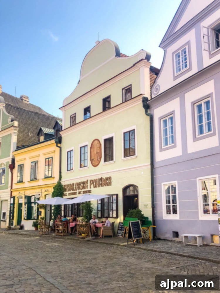 A charming hotel building on a cobblestone street in Cesky Krumlov, featuring colorful facades and traditional European architecture.