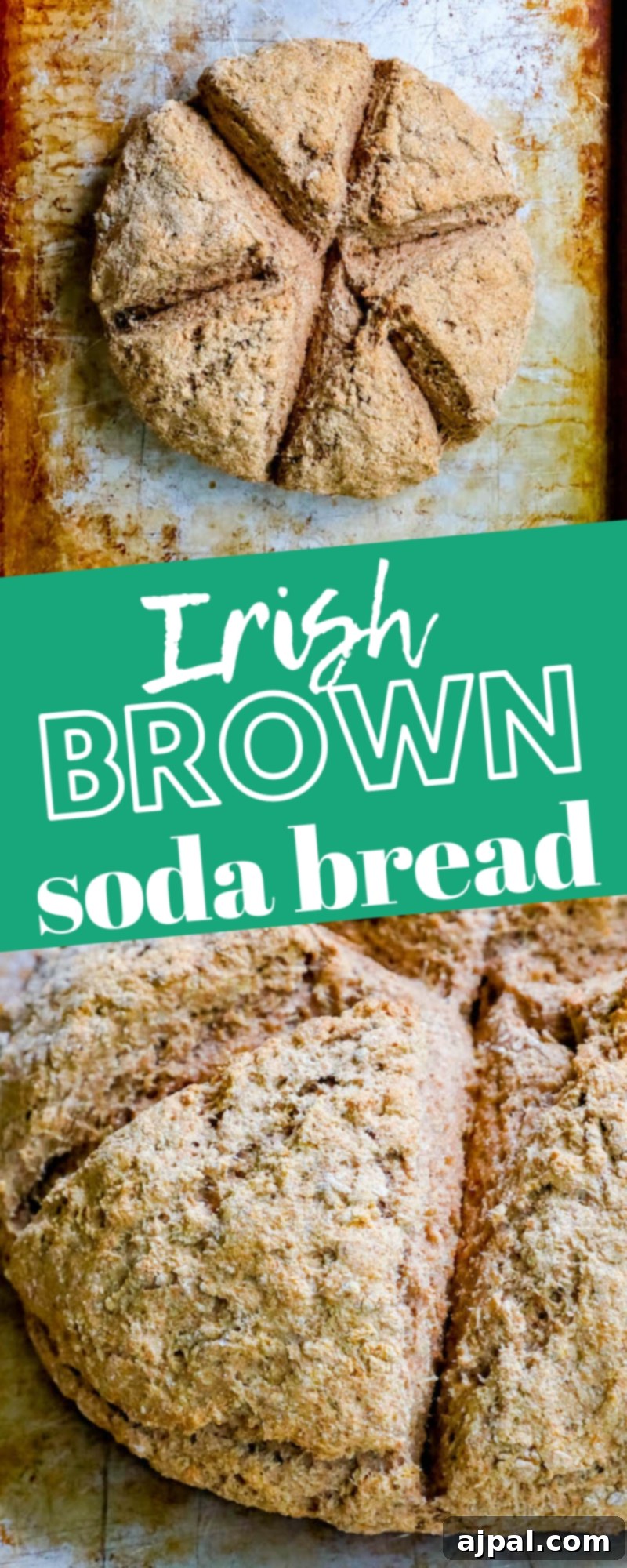 A freshly baked, rustic loaf of Irish Brown Soda Bread, expertly cut into wedges, presented on a baking sheet.
