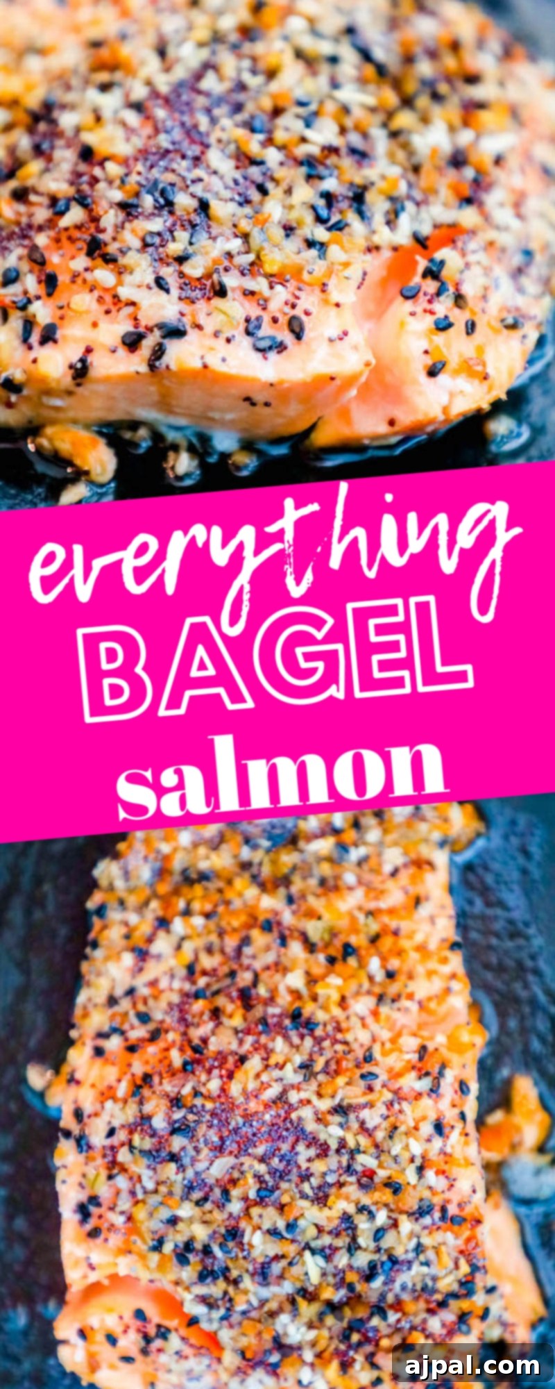 A panoramic view of an everything bagel salmon fillet in a pan.