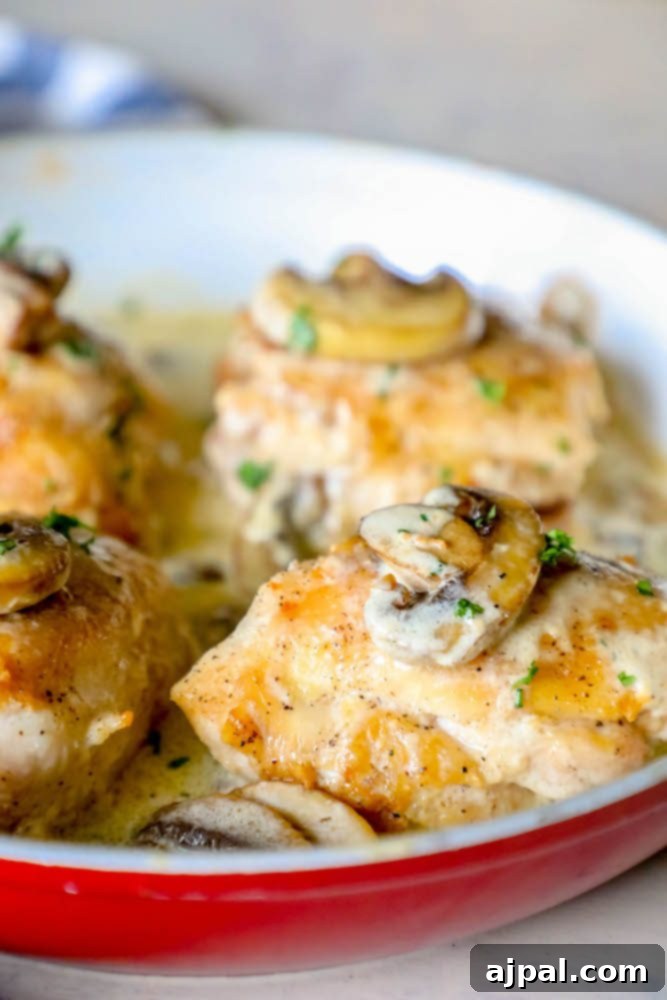 Velvety Garlic Chicken and Mushrooms 2 One-pot creamy garlic chicken with mushrooms in a red sauce, garnished with fresh herbs.