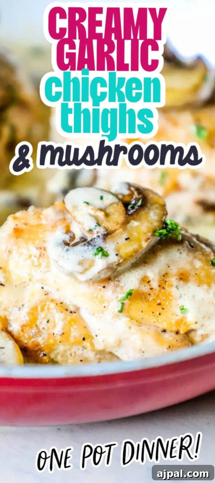 Velvety Garlic Chicken and Mushrooms 5 chicken thighs with mushrooms and a creamy garlic sauce in pan picture