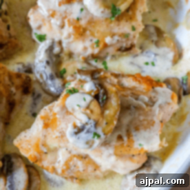 Velvety Garlic Chicken and Mushrooms 6 Chicken breasts cooked with mushrooms and cream sauce in a skillet, creating a creamy and indulgent dish.