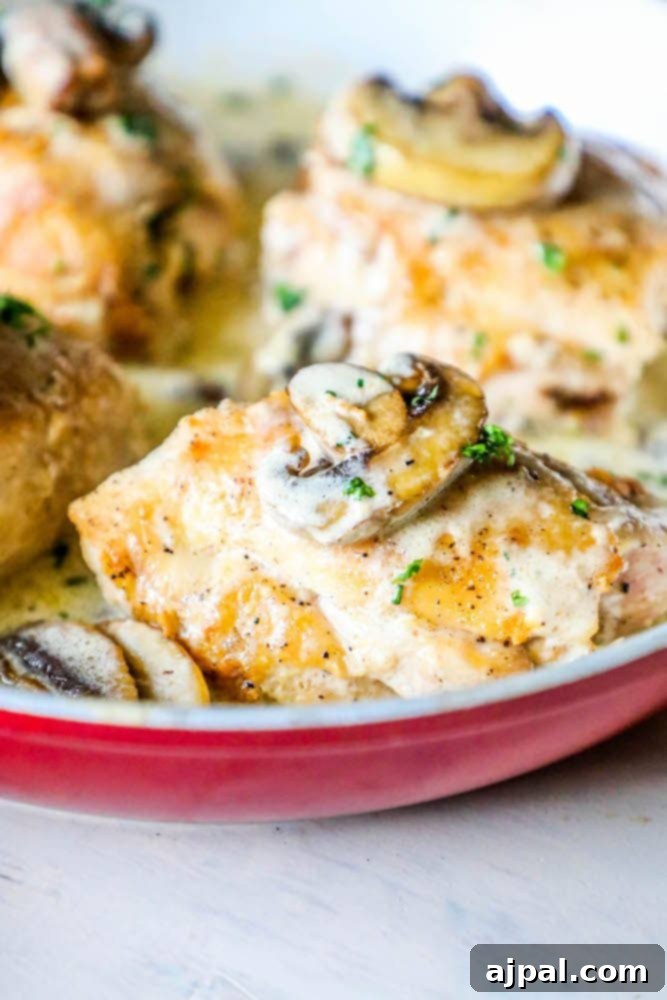 Velvety Garlic Chicken and Mushrooms 4 Hearty creamy garlic chicken thighs and mushrooms in a rustic red skillet.