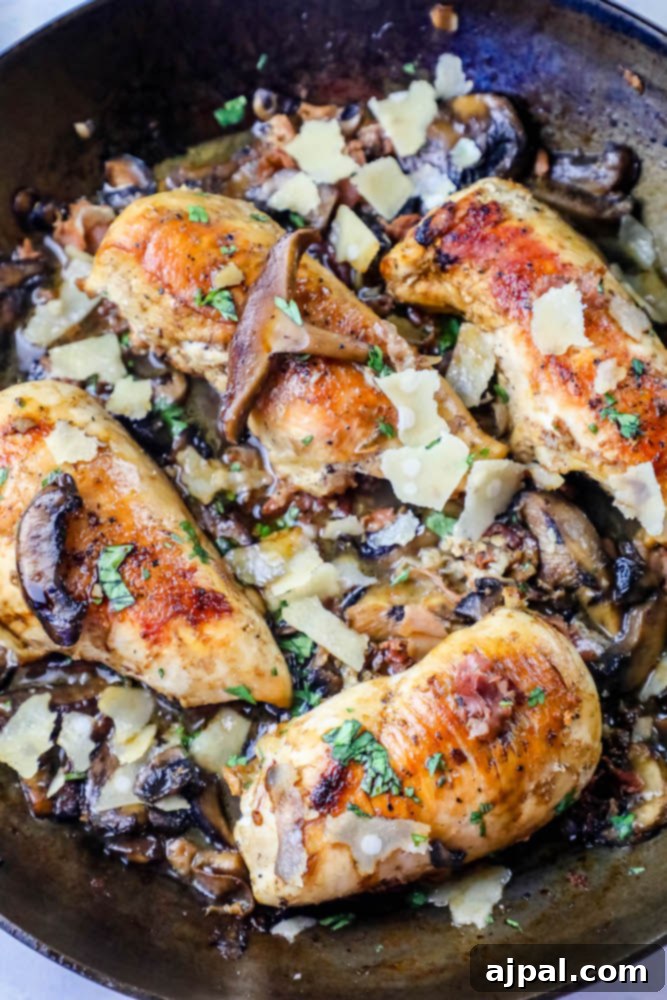 Sticky Balsamic Glazed Skillet Chicken 2 pan with chicken breasts, mushrooms, and parmesan cheese in it
