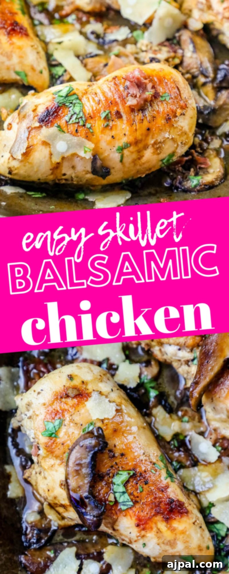 Sticky Balsamic Glazed Skillet Chicken 7 pan with chicken, mushrooms, and parmesan in it