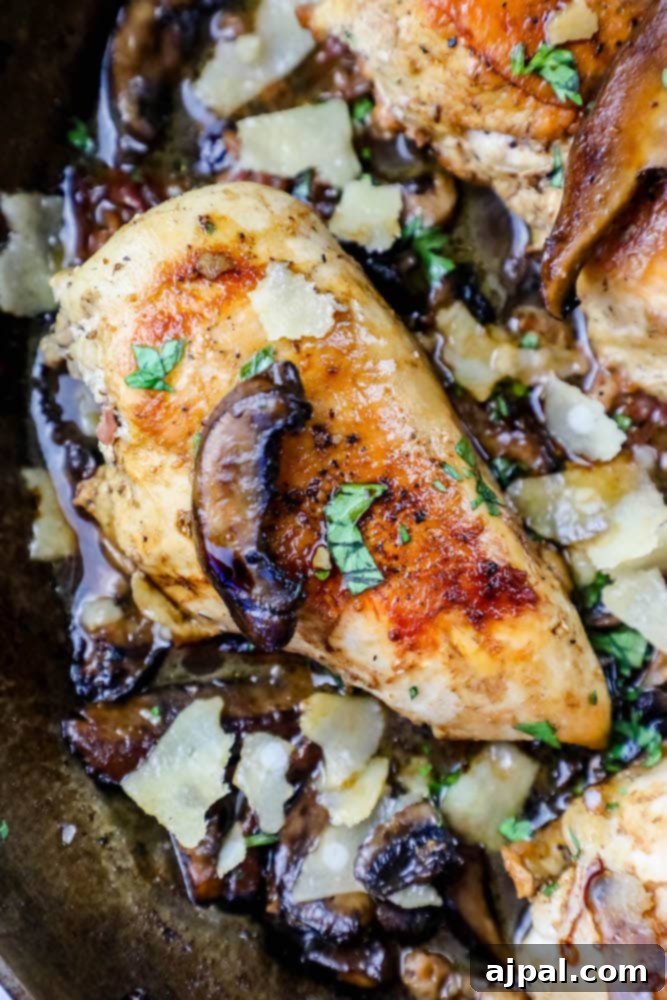 Sticky Balsamic Glazed Skillet Chicken 3 Chicken with mushrooms and parmesan cooked in a skillet.