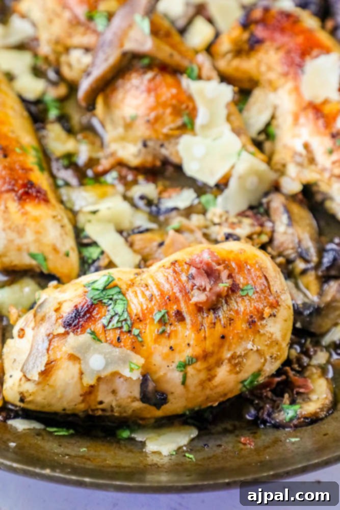 Sticky Balsamic Glazed Skillet Chicken 6 Chicken with mushrooms and parmesan cooked in a skillet.