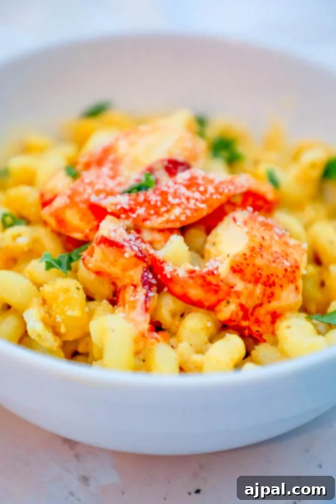 Cheesy noodles with fresh lobster chunks and grated Parmesan cheese