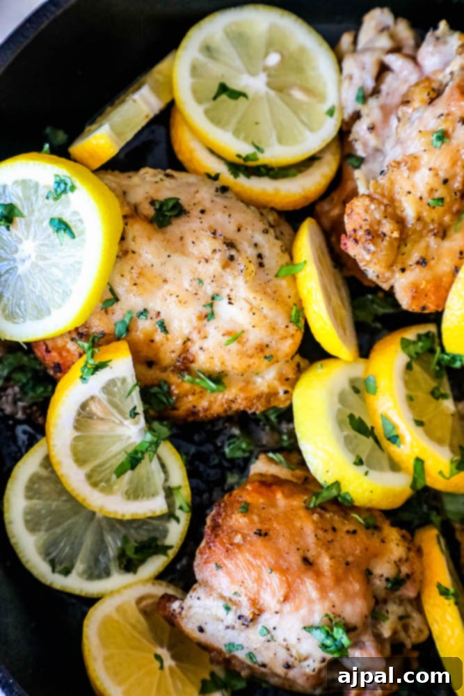 Zesty Lemon Chicken Perfection 2 Chicken thighs in a pan with lemons