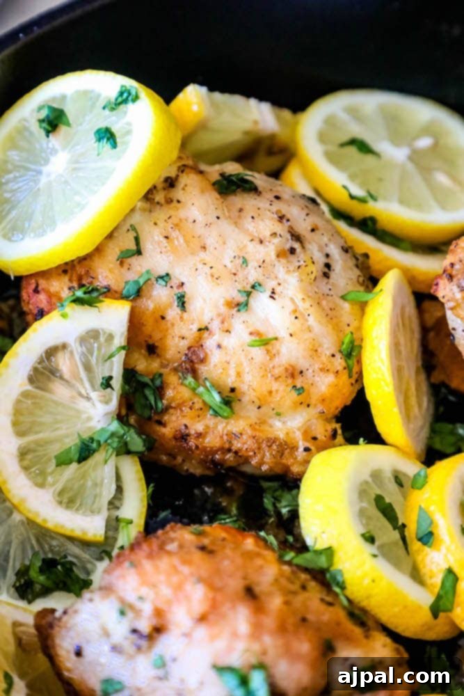 Zesty Lemon Chicken Perfection 8 chopped cilantro and sliced lemons in a pan with baked chicken thighs