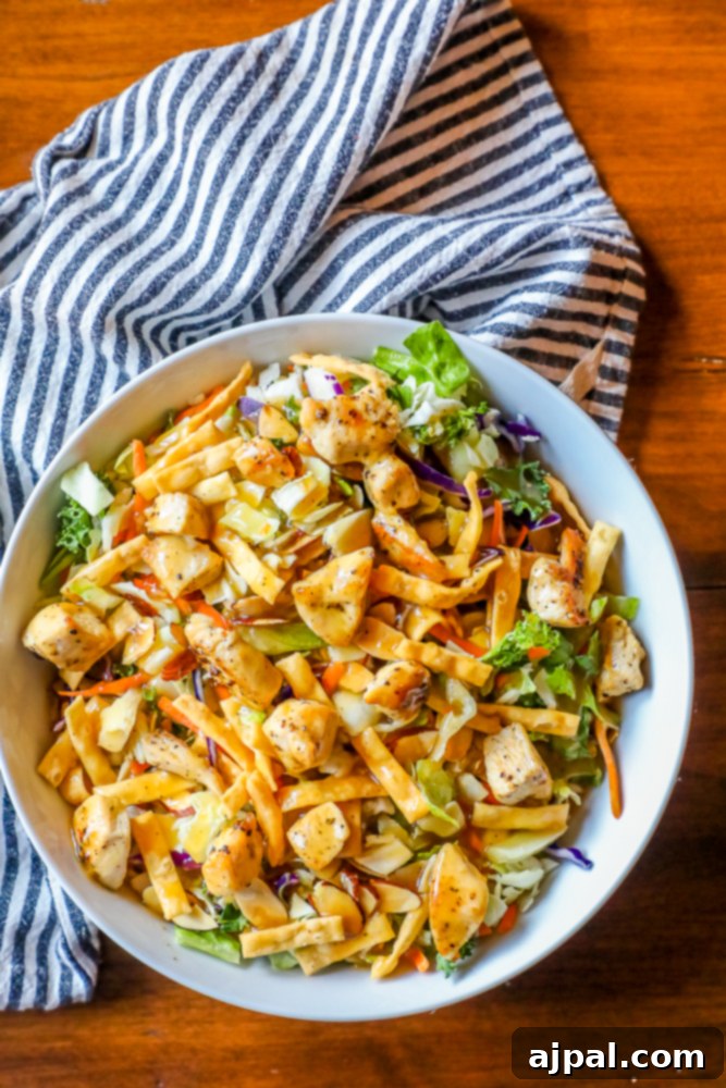 Overhead view of a perfectly mixed Asian Chopped Chicken Salad, showcasing its vibrant colors and textures.