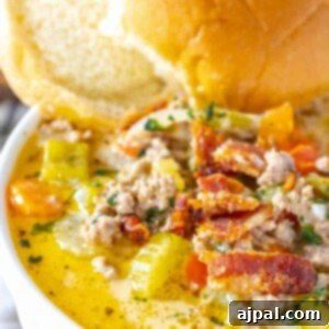 A bowl of chicken noodle soup with bacon and vegetables, easy cheeseburger soup recipe.