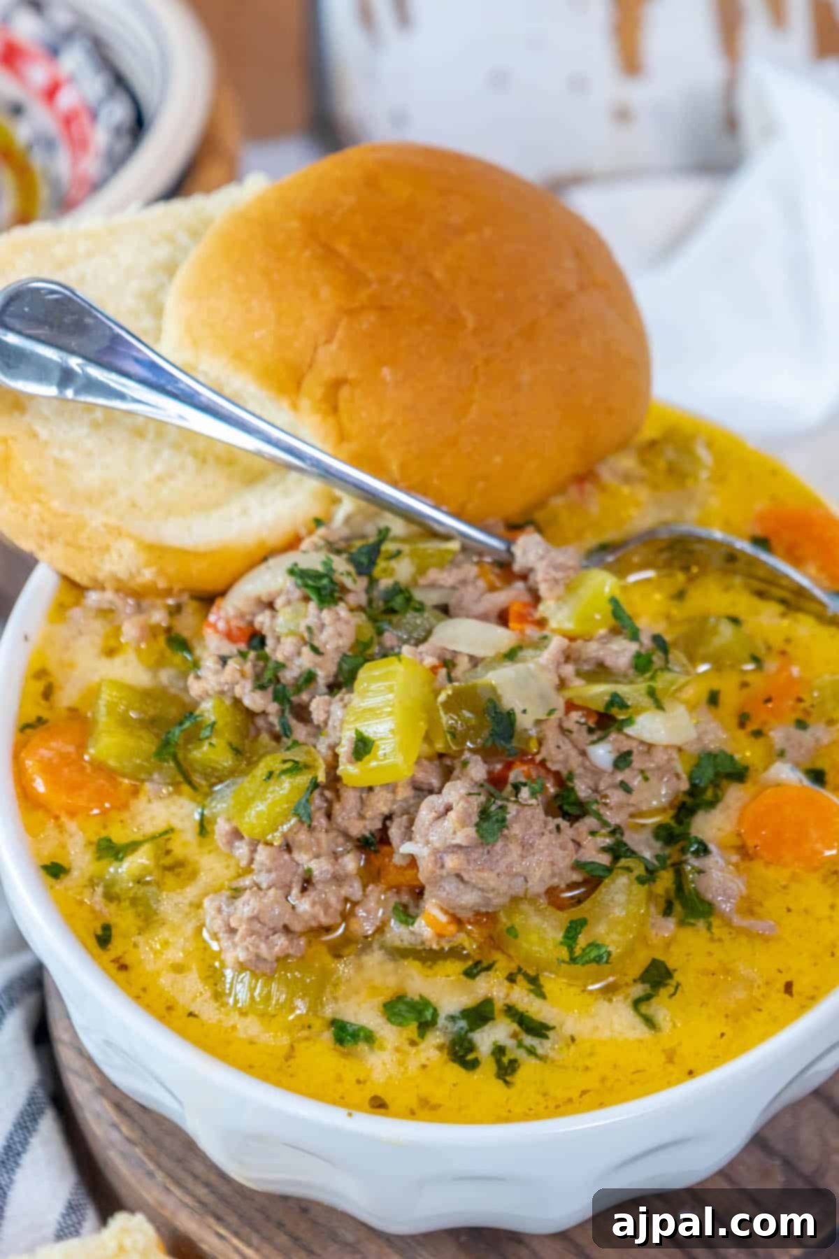 Keto Cheeseburger Soup with meat and vegetables.