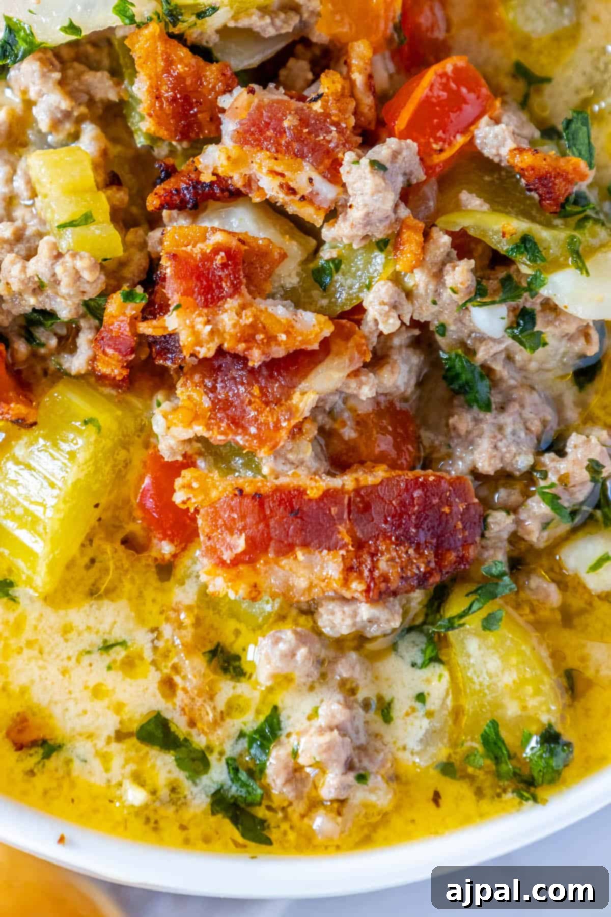 Easy Cheeseburger Soup Recipe with meat and vegetables.