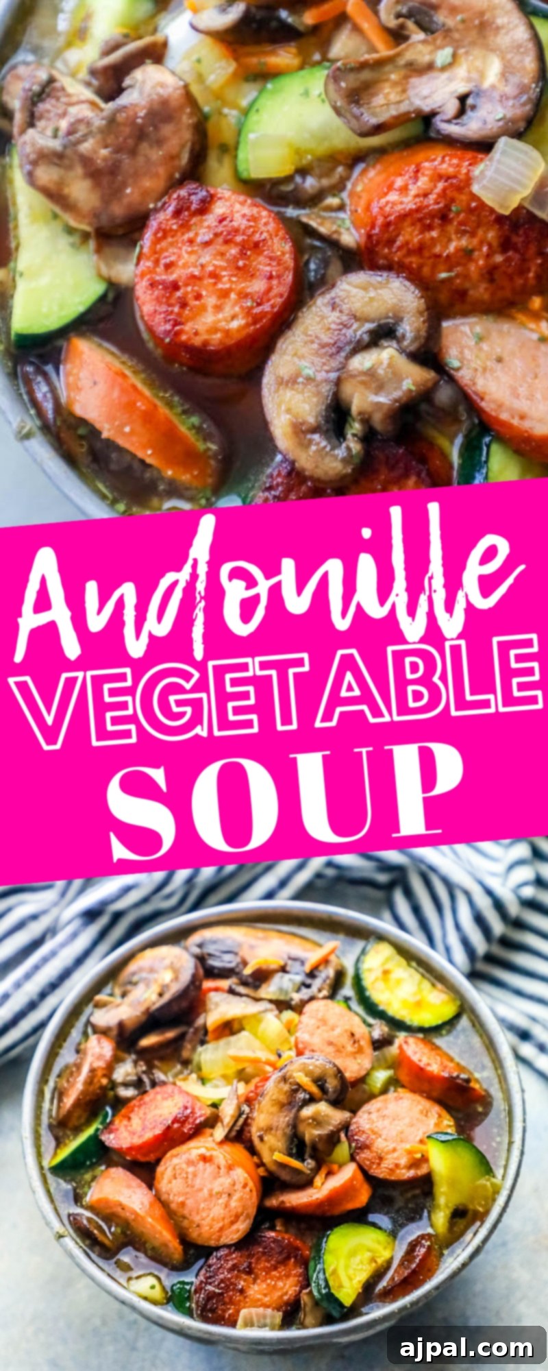 A tall, artful shot of a bowl of Andouille sausage and vegetable soup, with sliced sausage, mushrooms, and zucchini prominent, highlighting the rich texture and steam.
