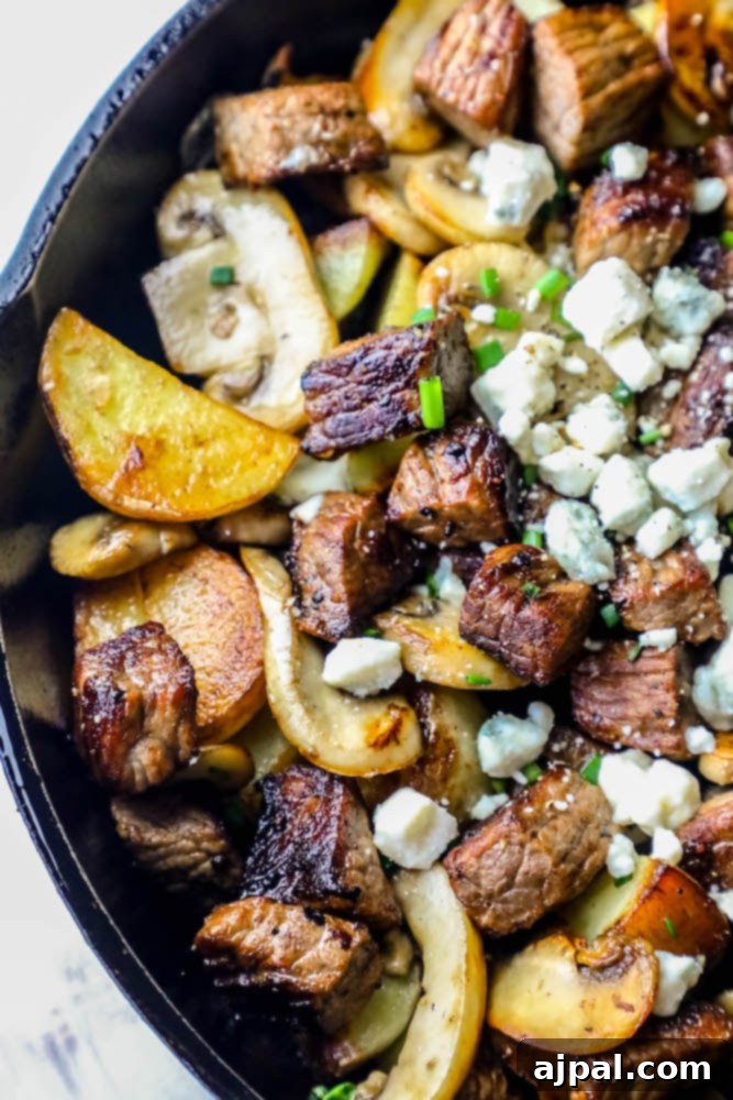 Savory Blue Cheese Steak and Potato Skillet 2 Easy One Pot Blue Cheese Steak Bites and Potatoes Skillet Dinner Recipe Picture