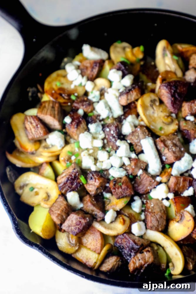 Savory Blue Cheese Steak and Potato Skillet 7 Blue Cheese Steak Bites and Potatoes Skillet Dinner Recipe - meaty blue cheese steak and potatoes in one skillet dinner recipe picture