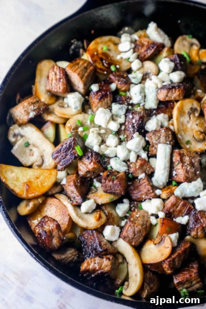 Savory Blue Cheese Steak and Potato Skillet 3 Easy One Pot Blue Cheese Steak Bites and Potatoes Skillet Dinner Recipe