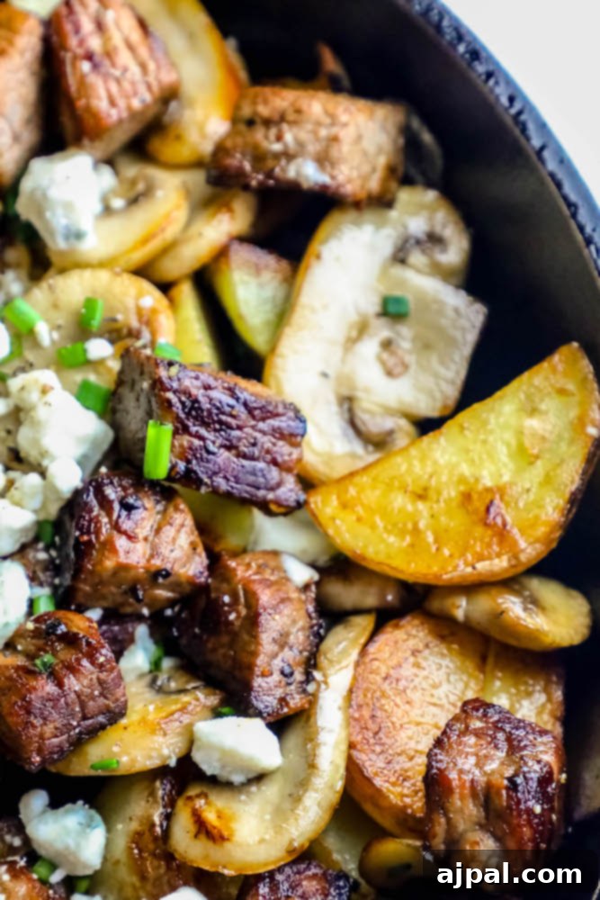 Savory Blue Cheese Steak and Potato Skillet 5 One Pot Blue Cheese Steak Bites and Potatoes Skillet Dinner Recipe