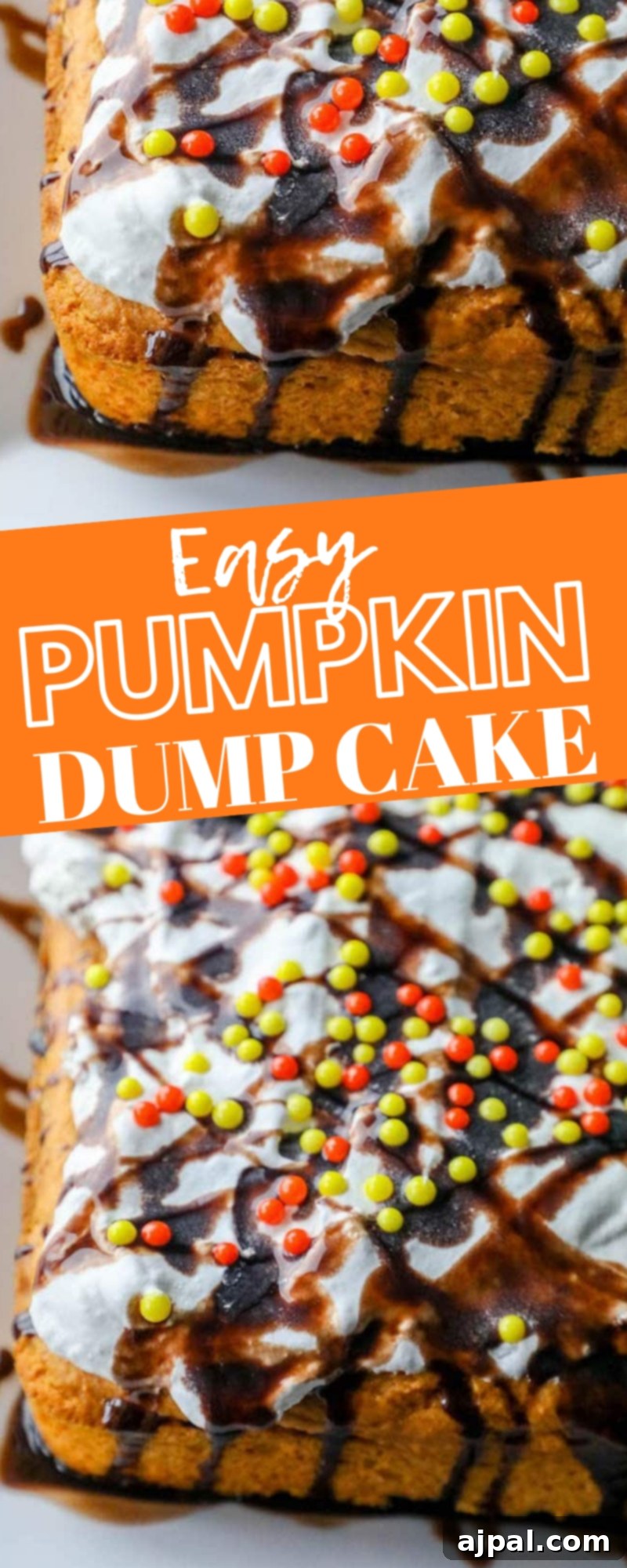 A large pumpkin dump cake, beautifully frosted with white icing and adorned with chocolate caramel drizzle and colorful sprinkles, filling the frame.