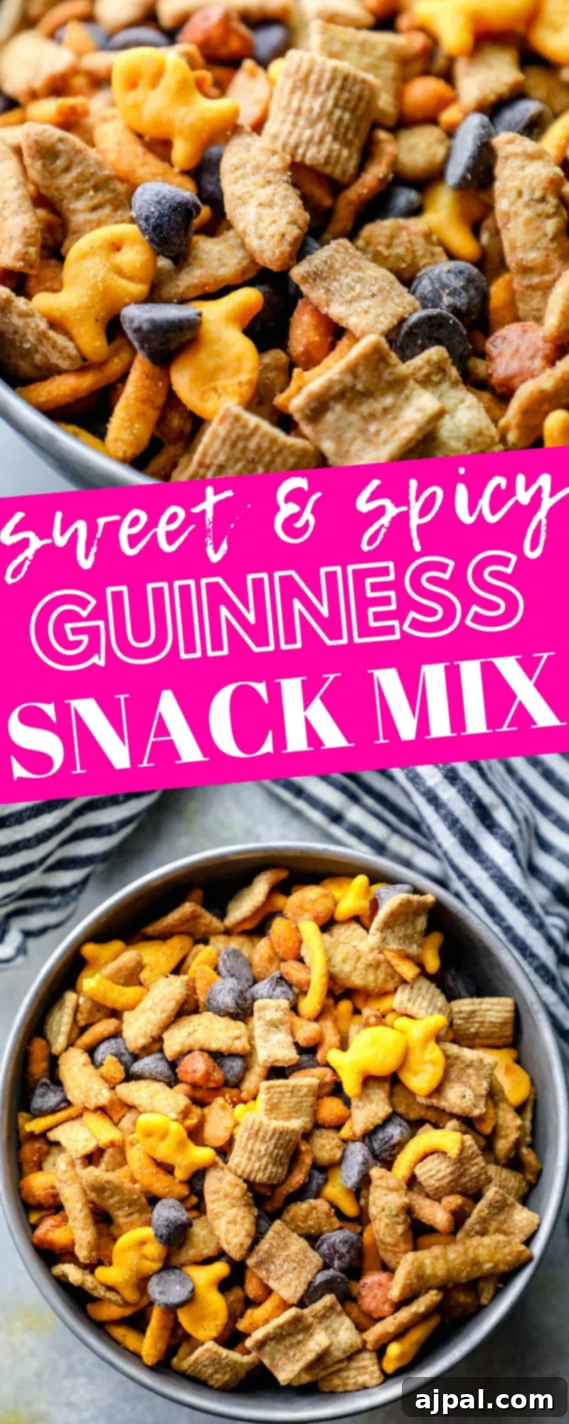 A close-up shot of the sweet and spicy Guinness snack mix, inviting viewers to savor its unique flavor profile.