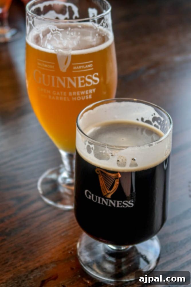 A selection of Guinness stout and Guinness blonde beers on display at the brewery in Maryland, inviting visitors to a unique tasting experience.