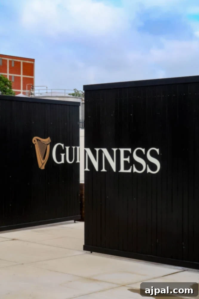 The grand entrance to the Guinness Open Gate Brewery in Maryland, featuring the iconic brand's welcoming gate.