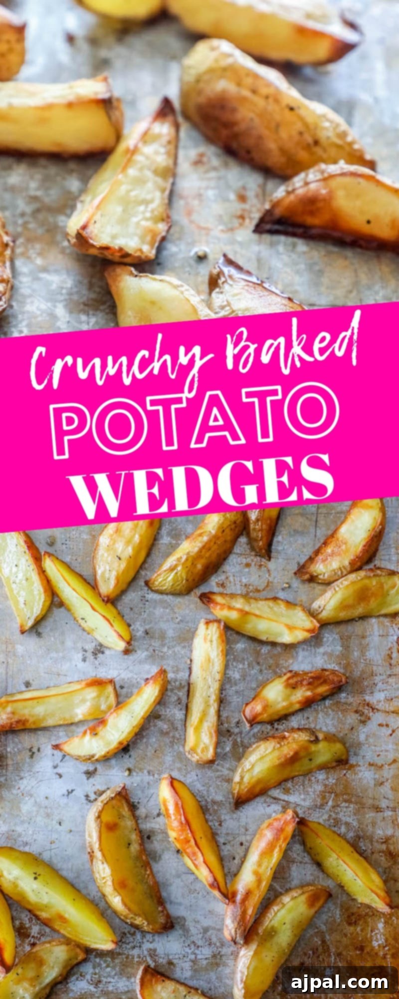 Golden Crispy Potato Wedges 5 potato wedges with salt on them on a sheet pan