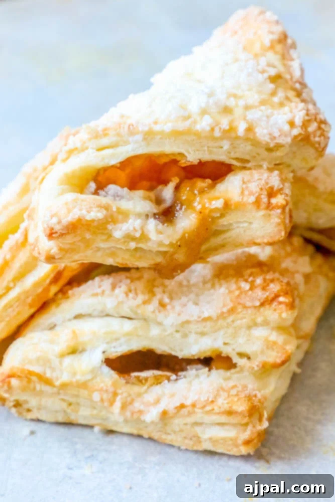 A stack of golden-brown, bakery-style apple turnovers with a sparkling sugar crust, ready to be enjoyed as a perfect breakfast or dessert.