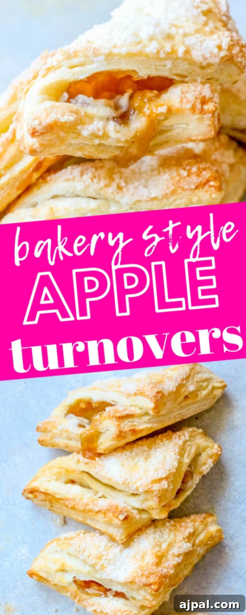 A close-up of beautifully golden and flaky bakery-style apple turnovers made with puff pastry, showcasing their irresistible texture and perfect bake.