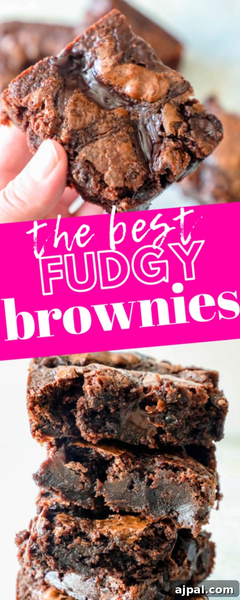 Tall stack of rich, fudgy brownies, each generously topped with a decadent hot fudge sauce, ready to be enjoyed.