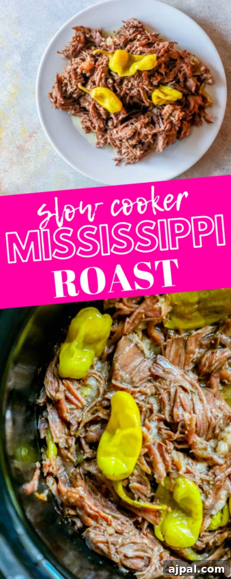 A slow cooker filled with Mississippi Pot Roast, showing the beef, pepperoncinis, and ranch au jus sauce ready to be cooked.