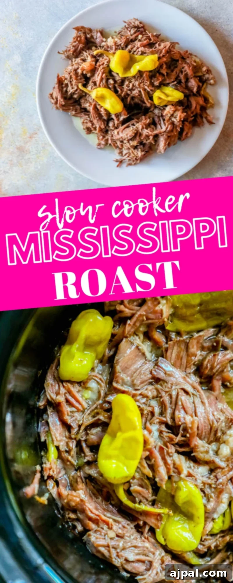 Southern Slow Cooker Pot Roast 9 A stunning shot of a Slow Cooker Mississippi Roast with pepperoncinis, showcasing the rich flavors of ranch and au jus seasoning.