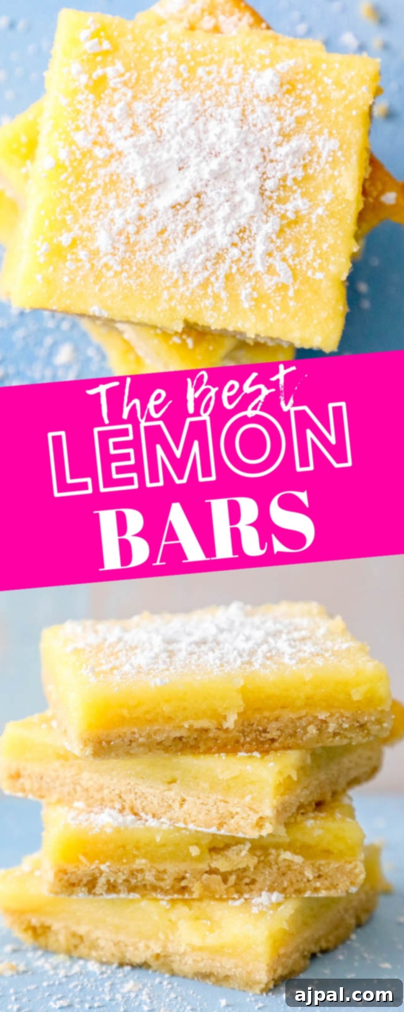 Picture of a tall stack of lemon bars, generously coated with powdered sugar.