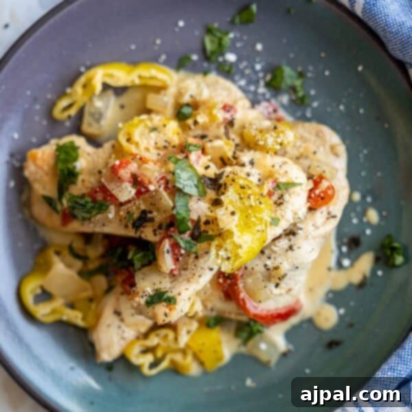 A plate of creamy pepperoncini chicken skillet with sliced peppers and herbs.