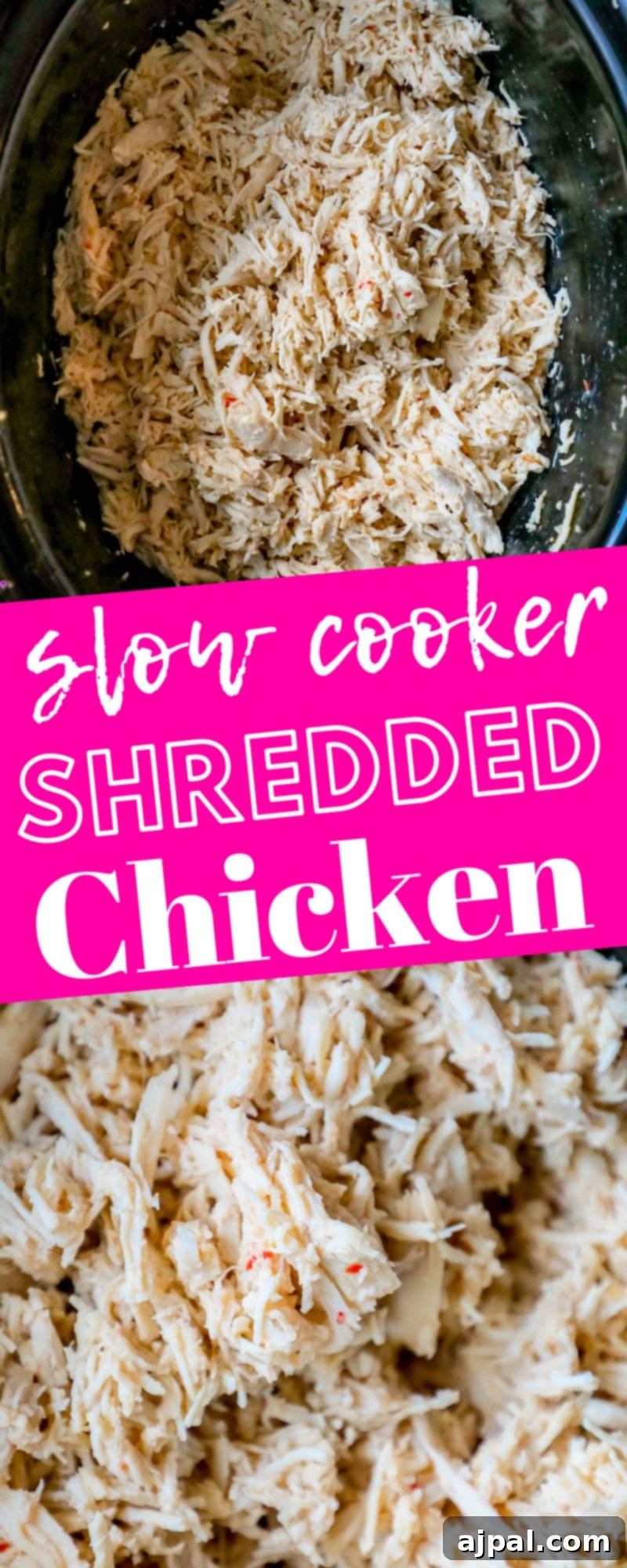 A vertical image of slow cooker shredded chicken in a pot, emphasizing its appealing texture.