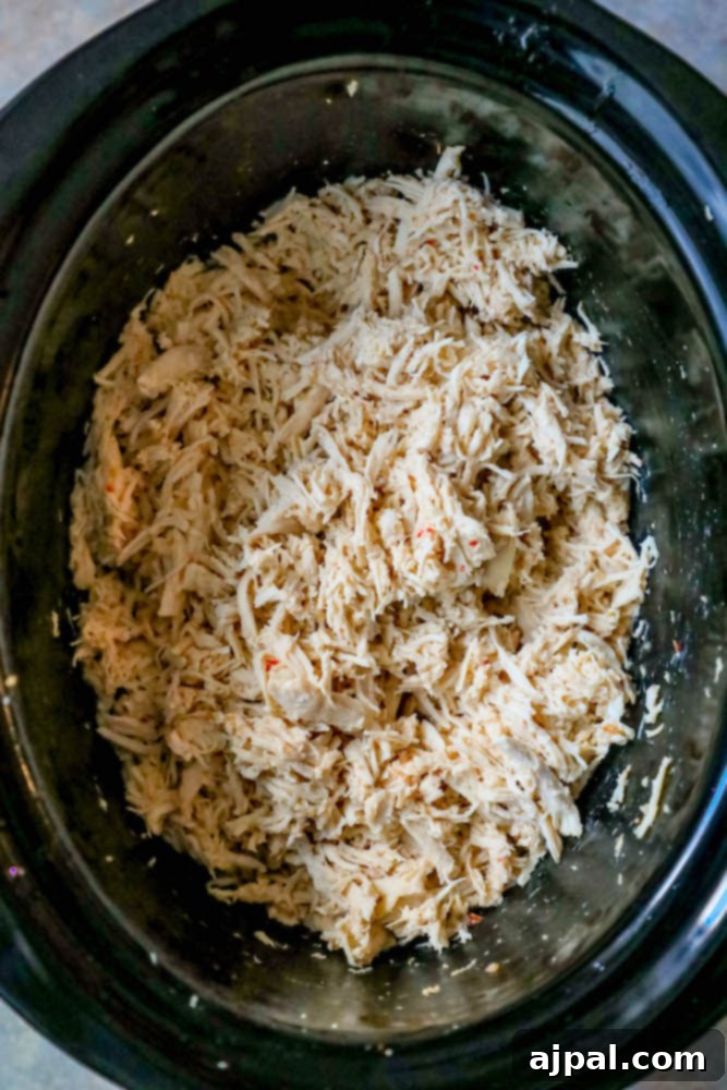 Close-up of tender, juicy slow cooker shredded chicken with herbs.