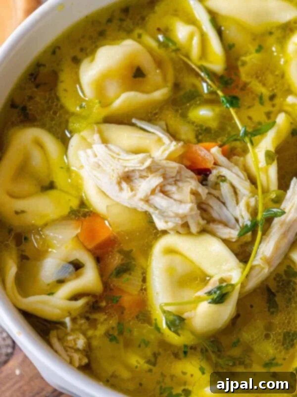 A bowl of lemon chicken tortellini soup.