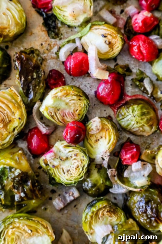 Crispy roasted Brussels sprouts with bright red cranberries on a baking sheet, ready to serve for a holiday feast.