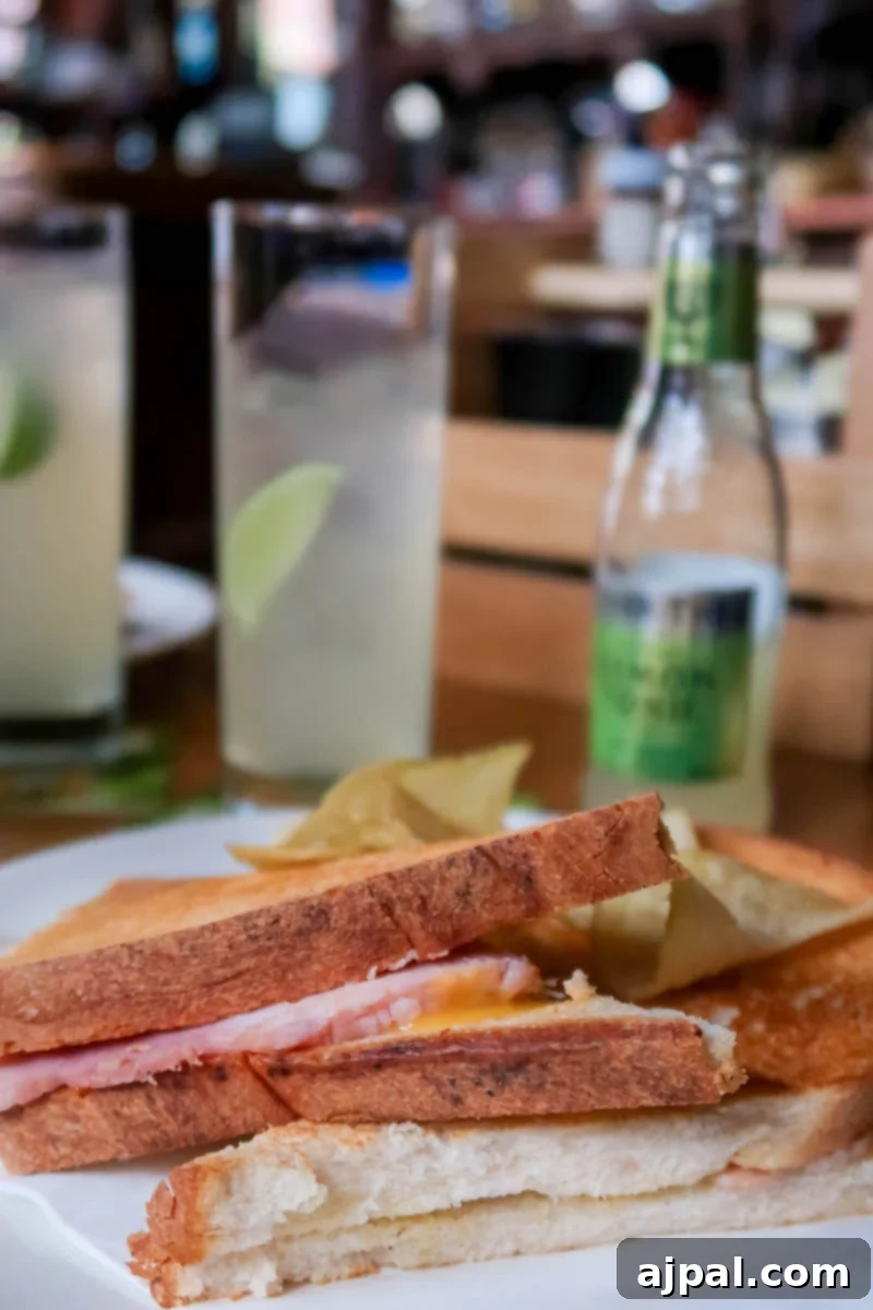 Delicious ham and cheese toasted sandwich with a drink on a wooden table in a Dublin pub