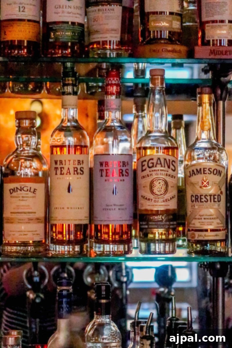 A welcoming Dublin bar showcasing a wide selection of Irish whiskey bottles