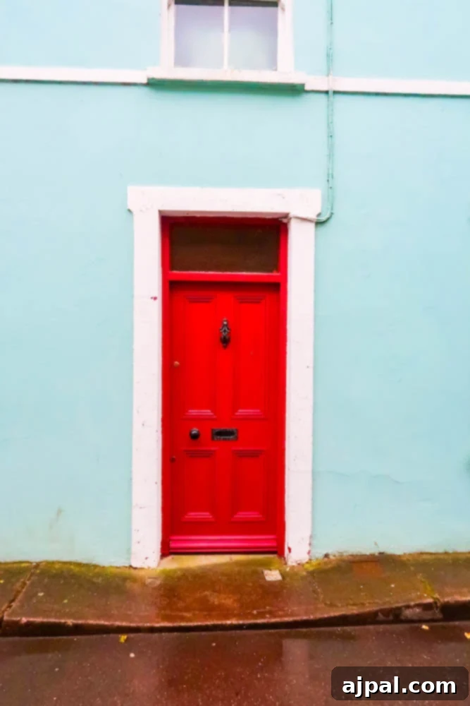 A vibrant red door on a classic blue building in Cork, Ireland, adding a splash of color to the British Isles.