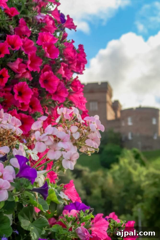 Inverness Castle adorned with vibrant flowers, showcasing Scotland's floral beauty against a historic backdrop.