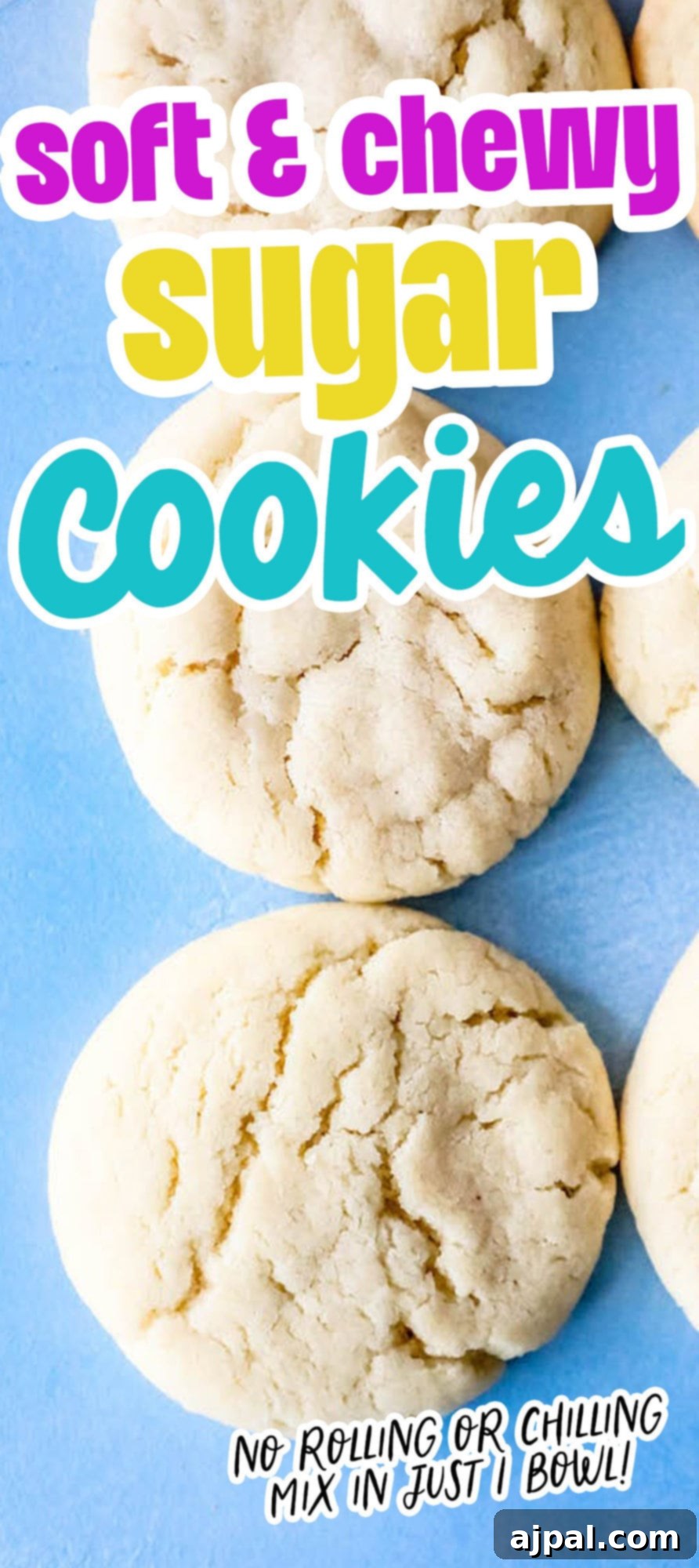 Seriously The Best Easy Chewy Sugar Cookies 9 A close-up picture of perfectly puffy and soft sugar cookies arranged on a blue table, highlighting their inviting texture and warmth.
