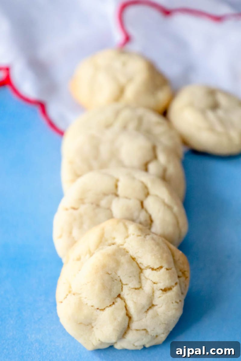 Seriously The Best Easy Chewy Sugar Cookies 3 A stack of easy soft sugar cookies presented beautifully on a blue surface, highlighting their fluffy texture.