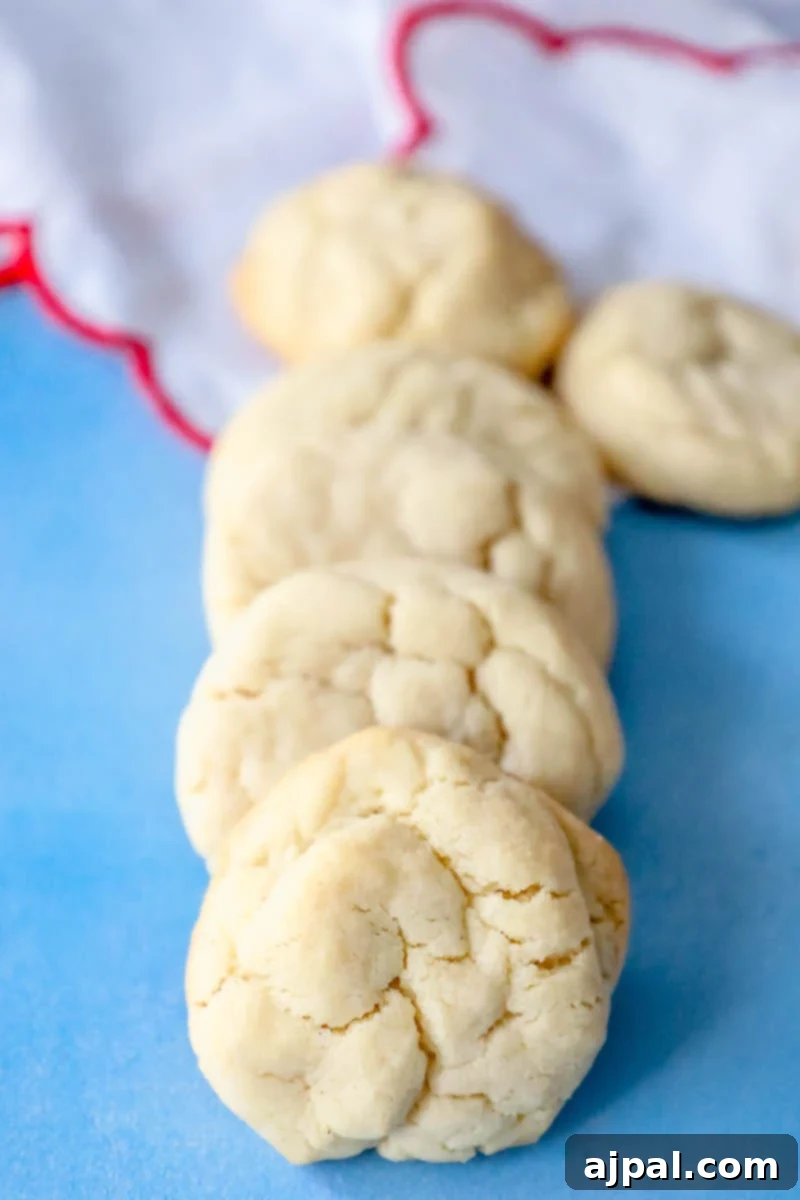 Unforgettable Chewy Sugar Cookies Easy Recipe 3 A stack of golden-brown chewy sugar cookies on a blue surface, showcasing their soft texture.